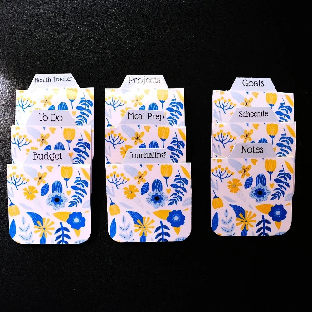Handmade Magnetic Planner Tabs, journal, dividers, floral, blue, yellow flower